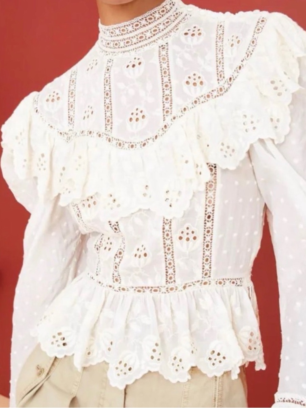 Ulla Johnson Cream Eyelet Lace Ruffle Blouse